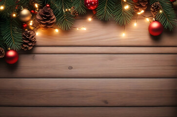 wooden table, top view, christmas background