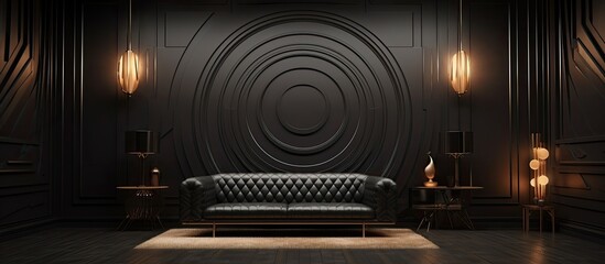 Incorporating an abstract vintage design with AI technology the wall in the black themed interior room showcases a captivating illustration creating a unique concept that blends architectur