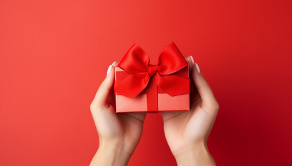 woman holding red gift box with ribbon and bow  on red background with copy space