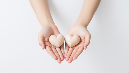 hands holding white hearts isolated on white