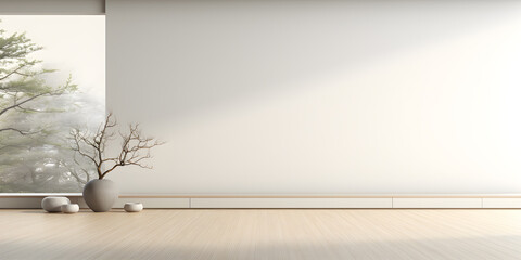 Empty room in a modern minimalist house with white wall wallpaper, in the style of Japanese zen inspired, beige, minimalist stage design 