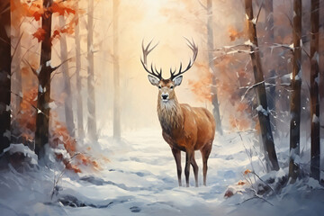 deer in winter forest. Snow covered pine trees. Winter landscape. 