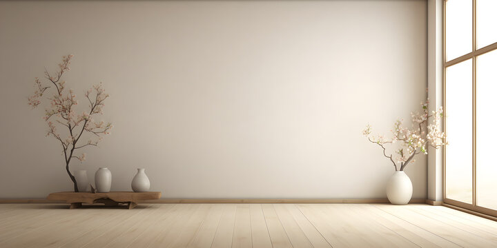 Fototapeta Empty room in a modern minimalist house with white wall wallpaper, in the style of Japanese zen inspired, beige, minimalist stage design 