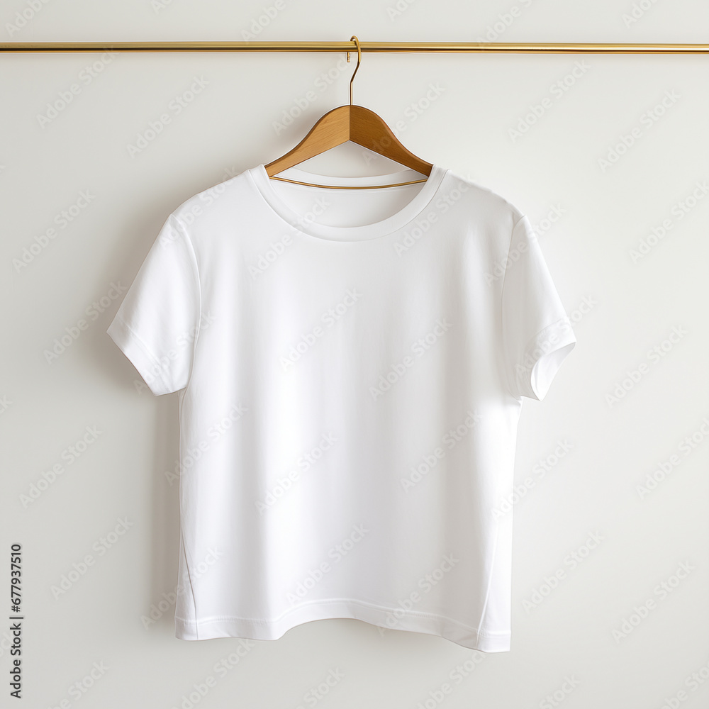 Wall mural Blank white t shirt hanging on a wood shirt hanger. Empty shirt Mock-up on wall
