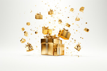 golden gift box with ribbon and bow, copy space background