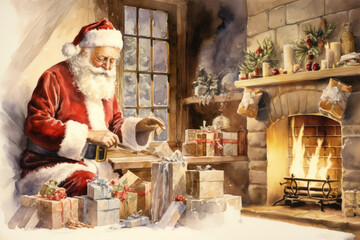 Watercolor illustration of Santa Claus sitting by the fireplace and preparing presents for children. Hand drawn postcard in vintage style with copy space. Generative AI