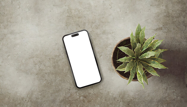 Elevate Your Visuals with Creative Smartphone Mockup, Greenery, and Transparent Concrete Workspace PNG