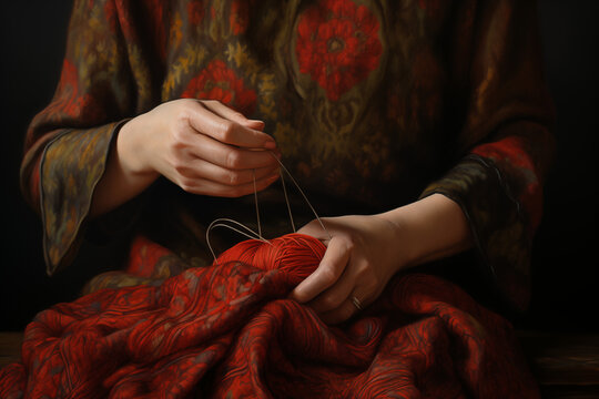Beauty of artistic hobbies by capturing hands engaged in crafting with natural light, highlighted the intricate details of knitting