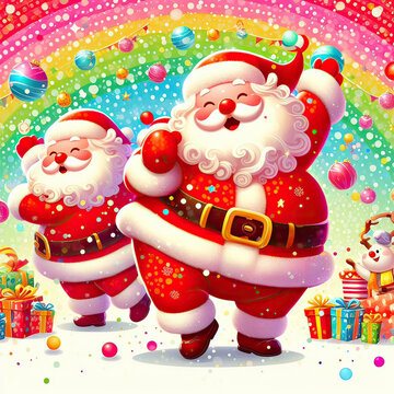 fantasy illustration of joy and celebration of Christmas background with Santa Claus, snowman and Christmas tree