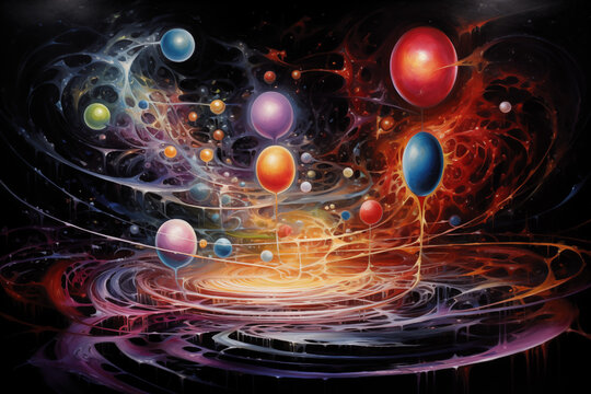 Quantum realm of possibilities, where reality is multifaceted and ever-shifting, abstract shapes, symbolic quantum elements, vibrant contrasts, complex and dynamic nature of quantum