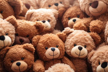 A lot of multicolored teddy bears pile together. Top view