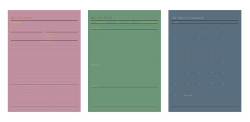 set of meeting notes and Project calendar planner. Vector illustration.