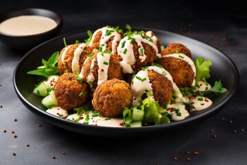 Crispy chickpea balls with tahini sauce and salad on a plate, isolated background with text space. - obrazy, fototapety, plakaty