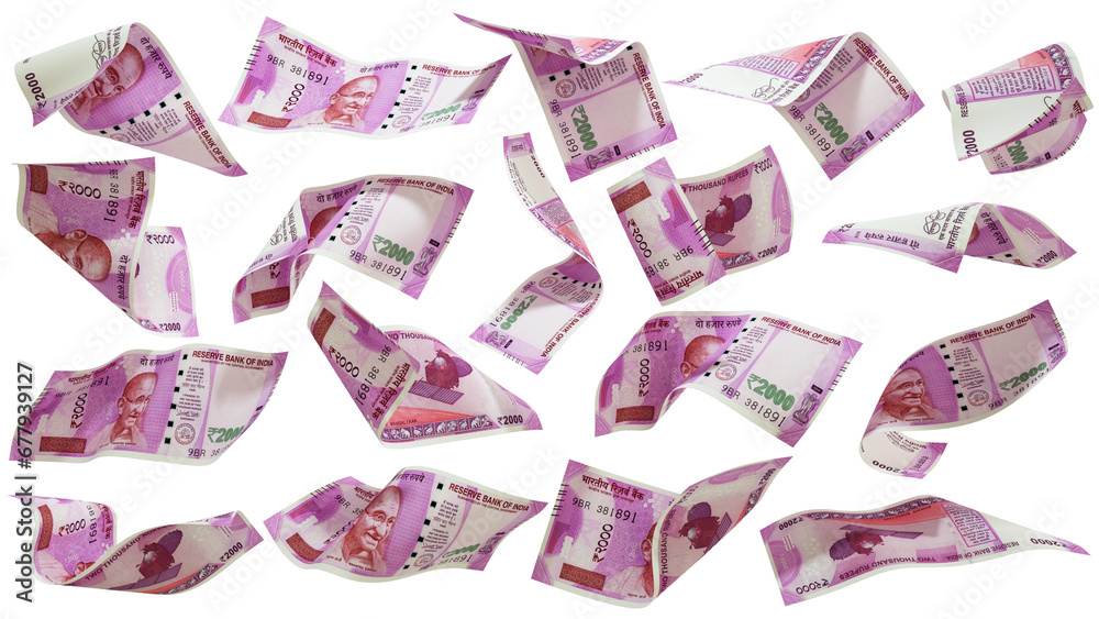 Aufkleber 3D rendering of 2000 Indian rupee notes flying in different angles and orientations isolated on transparent background