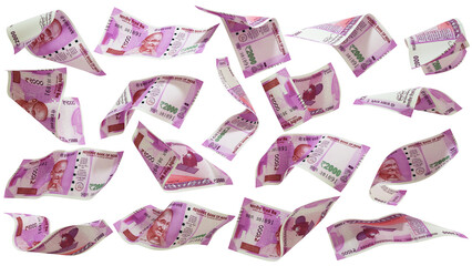 3D rendering of 2000 Indian rupee notes flying in different angles and orientations isolated on transparent background