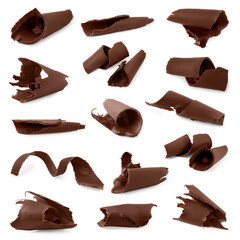 Many chocolate curls isolated on white, collection