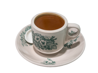 Asian style coffee in a vintage ceramic cup and saucer. Isolated, transparent background.