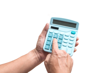 Man using a calculator, close up shot. Isolated, transparent background.