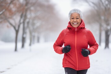 Healthy person running in public park in winter comeliness practicing fitness and strength