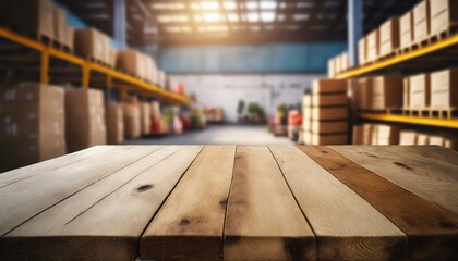 dynamic product display montage,  accentuated by a blurred warehouse atmosphere, wooden table with...