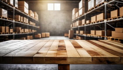 wooden table with an empty canvas for product arrangement,  dynamic product display montage, accentuated by a blurred warehouse atmosphere,