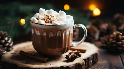 A steaming mug of hot cocoa adorned with marshmallows
