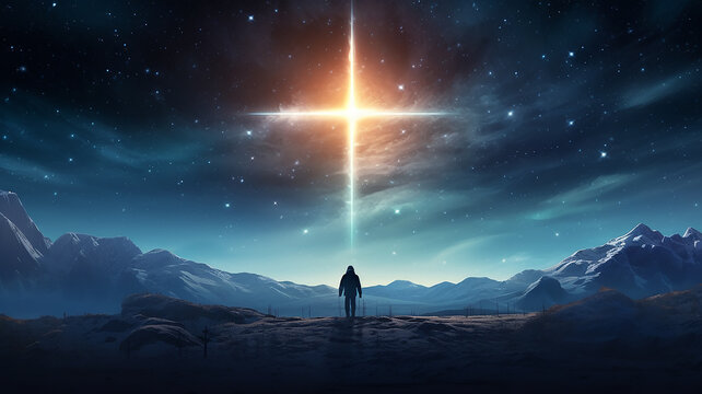 the symbol of the glowing cross in the starry night sky, the biblical story of Christmas, the concept of God, fictional computer graphics