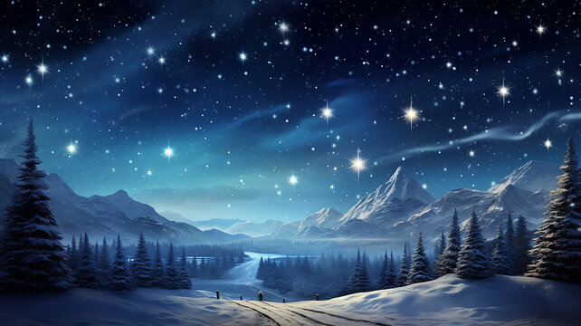 biblical landscape night under the Christmas star, the birth of the savior, sign prediction symbol, religious christian plot,  computer graphics