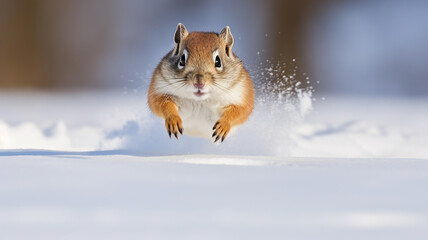 Obraz premium cute hamster running through fluffy winter snow, cold season, rodent in the wild nature