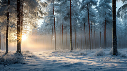 winter landscape in the forest, the rays of the morning sun at sunrise in the frosty fog between...