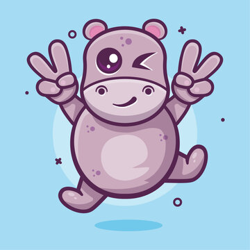cute hippo animal character mascot with peace sign hand gesture isolated cartoon 
