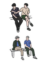 set of people. sitting. White Background. Hand drawn color Illustration.