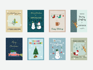 Set of Christmas greeting cards flat vector in cartoon style. Christmas concept. Merry Christmas and Happy New Year postcard.