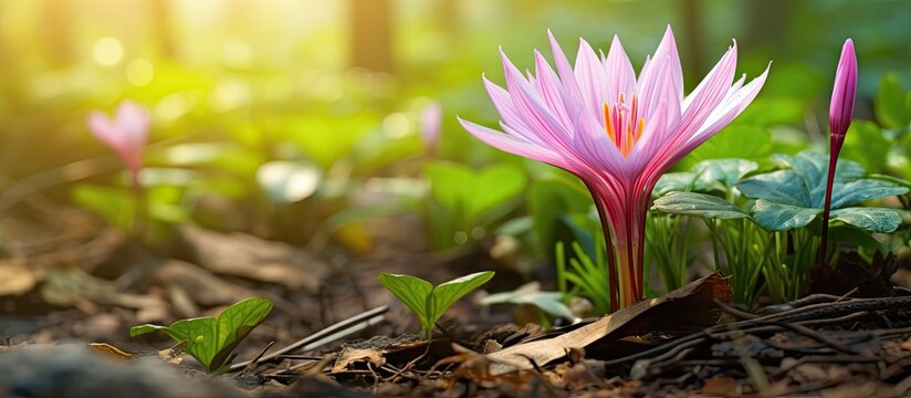 midst of the lush green grass and vibrant foliage of the garden a delicate Colchicum flower blooms with its pink petals bringing a touch of autumn to the summer nature scene