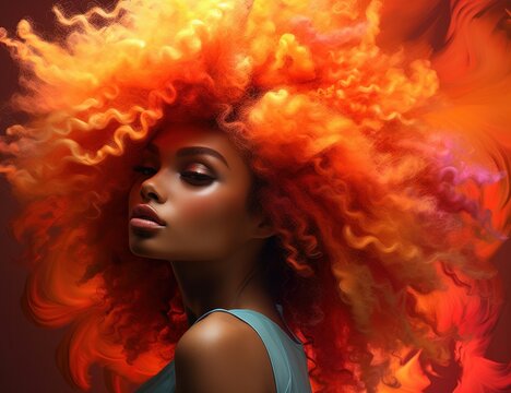 Black woman with vibrant orange afro amidst colorful clouds. Ideal for artistic projects, beauty campaigns, or hair product advertising.