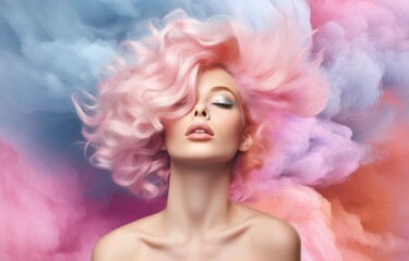 Woman with voluminous pink curls against a cloud-like backdrop. Excellent for haircare campaigns and fantasy-themed visuals.