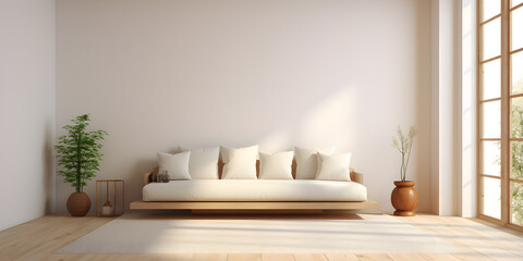 Living room interior wooden floor in the style of Japanese zen inspired, beige, minimalist design, Warm light from the window