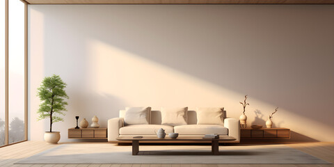 Living room interior wooden floor in the style of Japanese zen inspired, beige, minimalist design, Warm light from the window