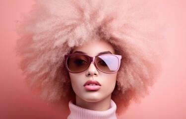 Stylish woman with oversized sunglasses and pink afro. Ideal for fashion and accessory branding or avant-garde visual projects.
