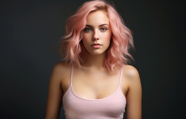 Fototapeta na wymiar Young woman with pink hair, a fresh look for beauty and lifestyle marketing. Ideal for hair care product ads, salon promotions, and modern lifestyle branding.