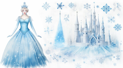 fairy princess castle, light blue watercolor on a white background, illustration for a children's book