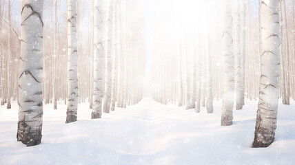 winter landscape, abstract background snowfall in the forest, white birch trees surrounded by snow, blurred background with a copy space