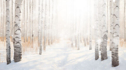 winter landscape, abstract background snowfall in the forest, white birch trees surrounded by snow, blurred background with a copy space