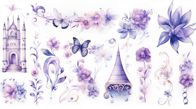 set collection of purple delicate accessories of a fairy princess watercolor drawing isolated on a white background  soft lavender color