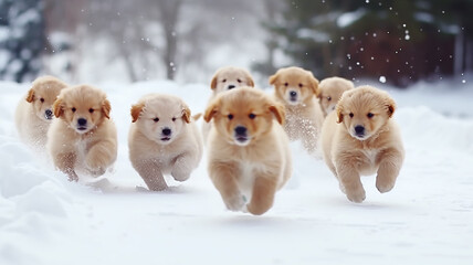 a group of cheerful dogs runs in dynamic poses through the winter fluffy snow on a frosty sunny day, fluffy pets, Christmas snowflakes