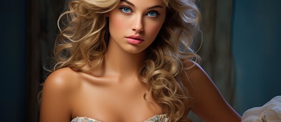 In the luxurious summer backdrop a woman exudes elegance with her golden hair cascading down her white dress radiating health and beauty Her striking blue eyes hold a captivating gaze accent © TheWaterMeloonProjec