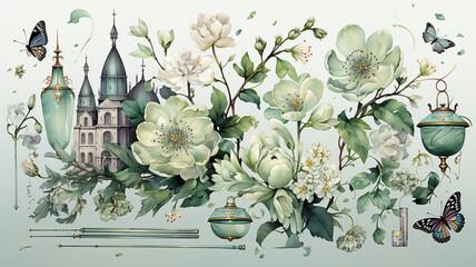 set collection of green delicate accessories of a fairy princess watercolor drawing isolated on a white background delicate soft mint color of spring