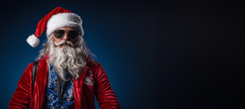Generative AI photo of cool street vibe Santa Claus in cherry red jacket and sunglasses on a indigo blue background with copy space