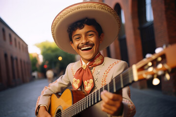 Boy dressed as a mariachi, Mariachi smiling right to the camera, Mexican culture, Young Mexican mariachi playing guitar. - obrazy, fototapety, plakaty