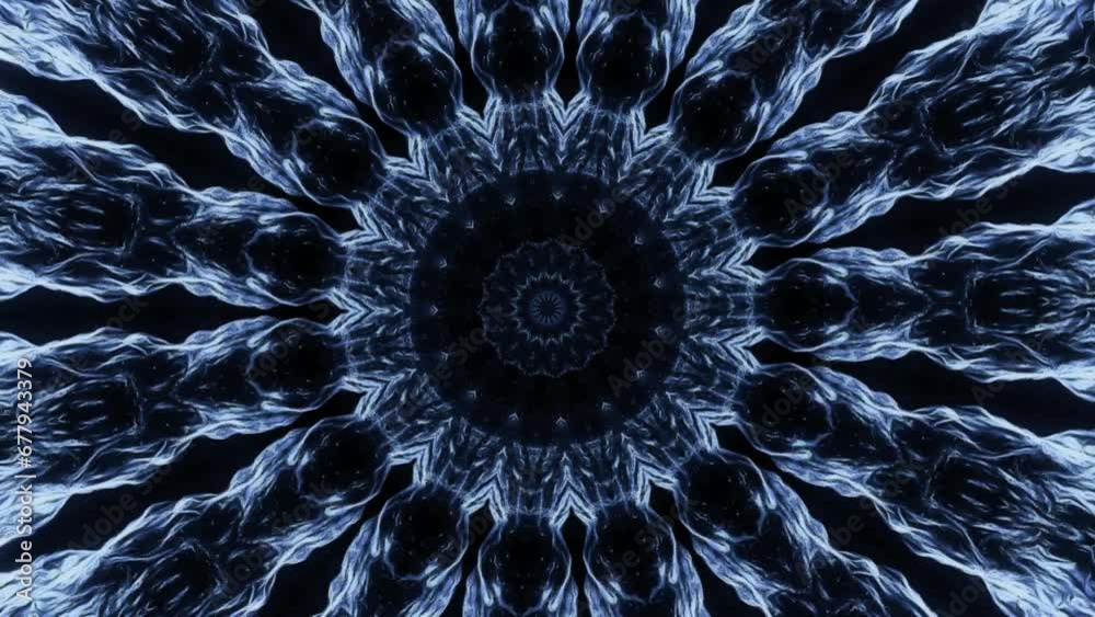 Poster kaleidoscopic pattern looking like sun with spreading rays. animation. symmetrical pattern with ener